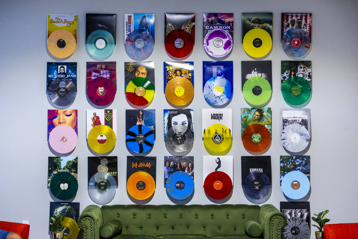 Albums hang in the lobby of CTRL Room which offers a 90-minute DJ experience with instruction a ...