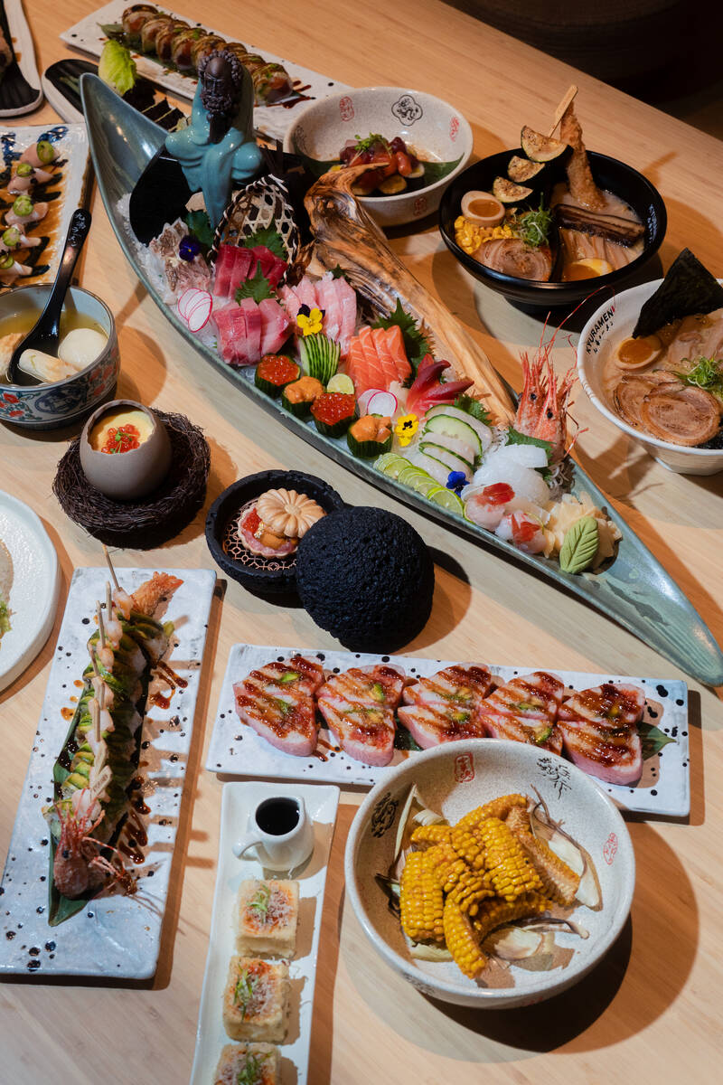 A spread of dishes from Super Kyuramen, open as of summer 2026 in Chinatown Vegas. (Super Kyuramen)