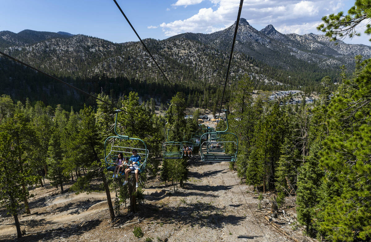 People ride the Bristlecone Skyway scenic chairlift during the Music on the Mountain outdoor co ...