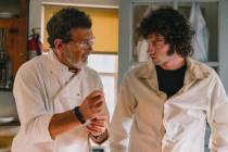 Dominic Sessa, right, and Antonio Banderas in the movie “Tony.” (Seacia Pavao/A24 ...