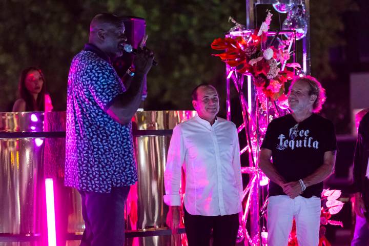 Basketball legend Shaq, left, speaks alongside Chef Jean-Georges Vongerichten and Sammy Hagar d ...