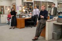 John P. Fleenor, Oscar Nuñez, Domhnall Gleeson, Alex Edelman, and Ramona Young in "The Paper." ...