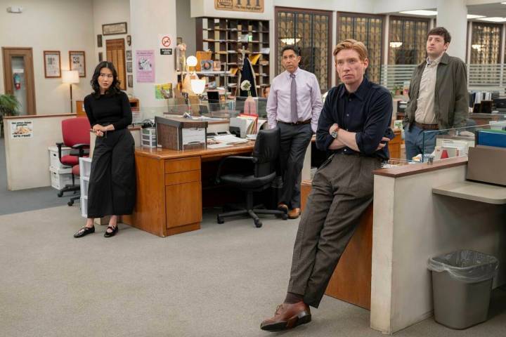 John P. Fleenor, Oscar Nuñez, Domhnall Gleeson, Alex Edelman, and Ramona Young in "The Paper." ...