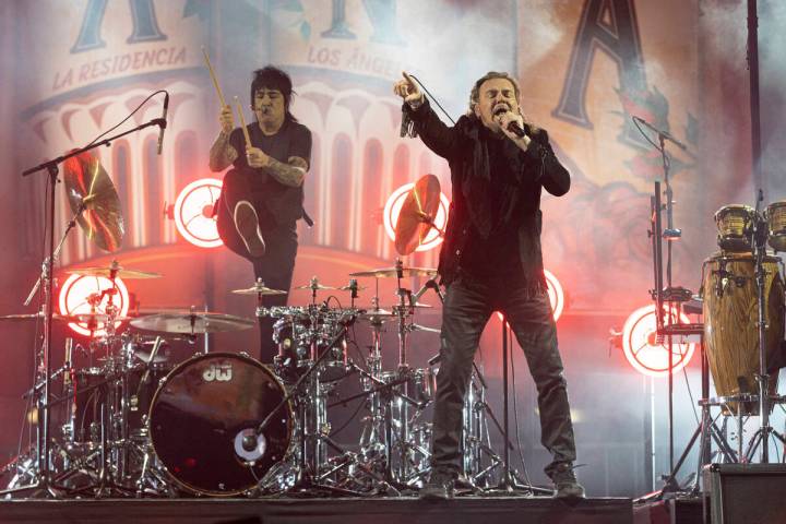 Alex Gonzalez, left, and Fher Olvera of the Mexican rock band Mana perform at the Los Angeles F ...