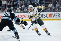 Vegas Golden Knights center Jack Eichel (9) passes the puck during the second period of Game 6 ...