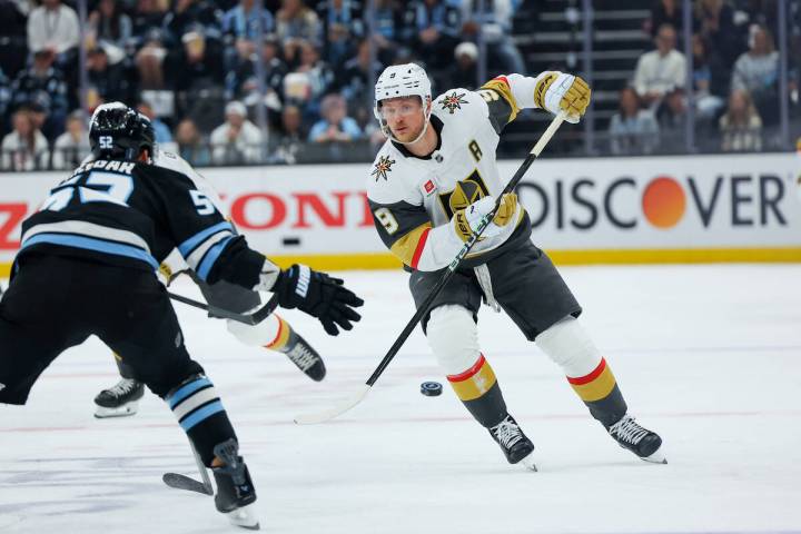 Vegas Golden Knights center Jack Eichel (9) passes the puck during the second period of Game 6 ...