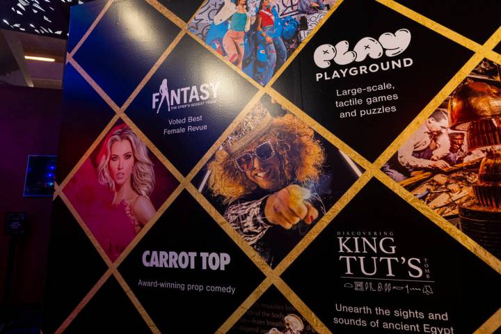 Signage for comedian Carrot Top is seen at Luxor on Monday, Sept. 21, 2026, in Las Vegas. (Chas ...