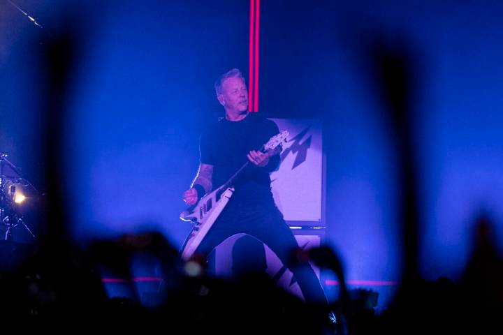 James Hetfield of Metallica performs in a music concert at Allegiant Stadium in Las Vegas, Frid ...