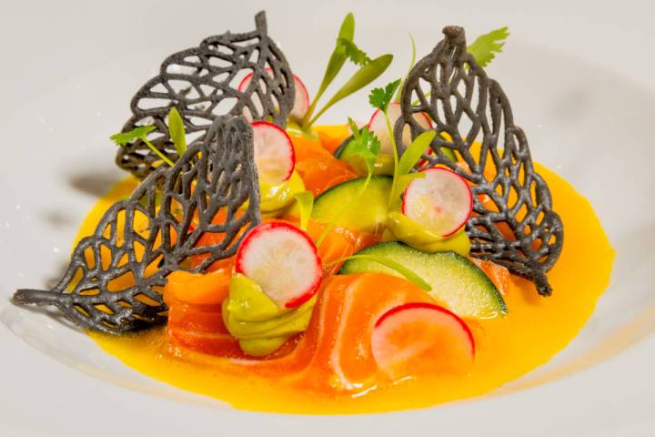 Salmon tiradito is pictured at Boom Bang Fine Foods & Cocktails on Thursday, May 8, 2025, i ...