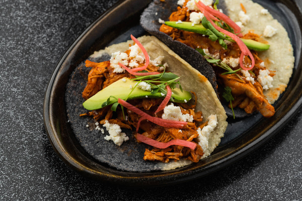 Chicken tinga street tacos plated at La Neta Cocina y Lounge, the Mexican restaurant at Downtown Summerlin that closed Sept. 29, 2026