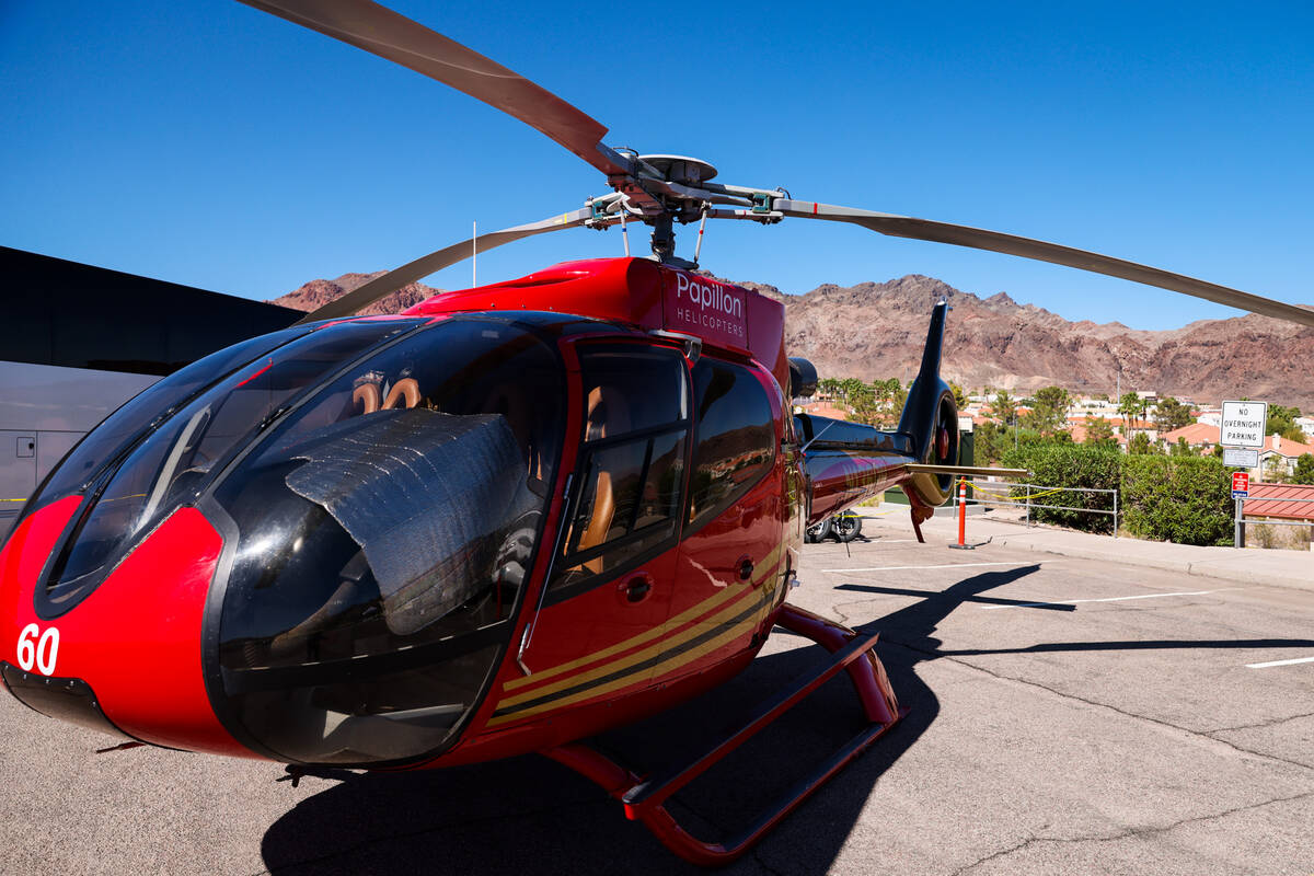 A Papillon helicopter parked outside of the Travel Nevada Adventure Center — Boulder City on ...