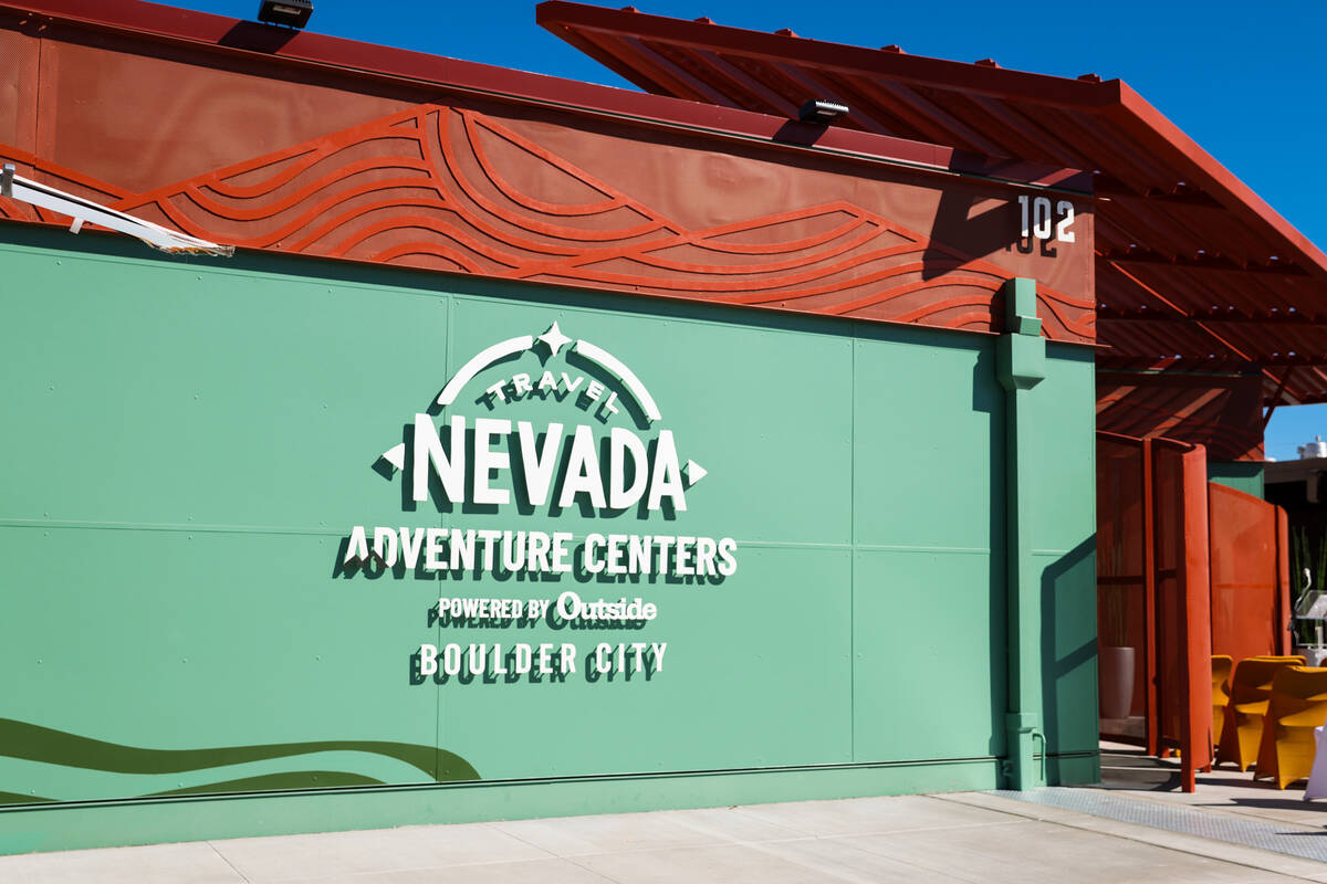 The logo of Travel Nevada Adventure Center — Boulder City is seen on Wednesday, Oct. 7, 2026, ...