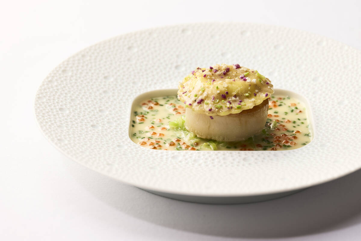 A day boat scallop topped by a cauliflower raviolio, with leek fondue, graffiti cauliflower con ...
