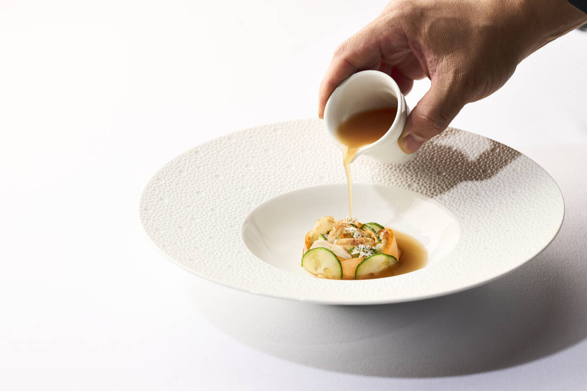 California spiny lobster, shaved fuyu persimmon, cucumber, coriander blossoms and ginger-chili ...