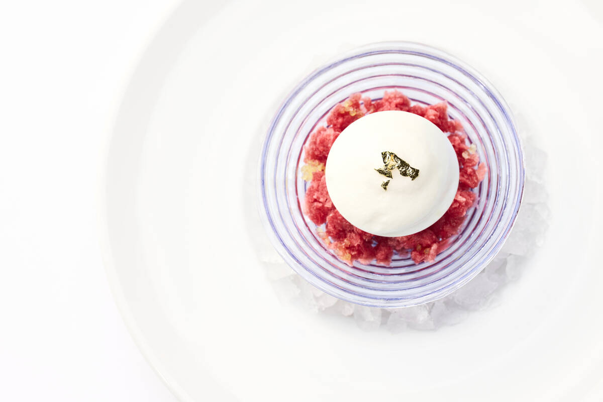 Pomegranate shave ice, coconut espuma and Santa Barbara finger lime, from the Autumn Harvest Ta ...