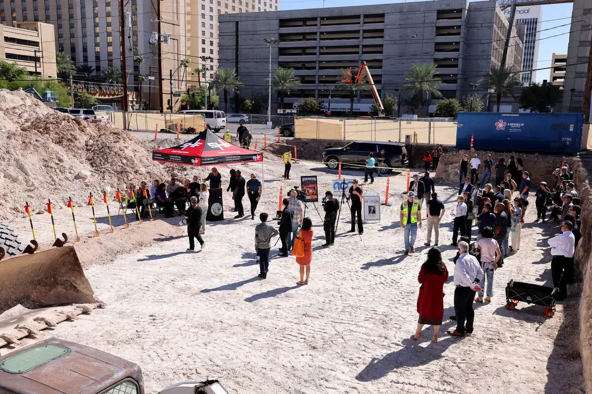 Guests gather for the groundbreaking for the new Hogs & Heifers Saloon on Main Street near ...