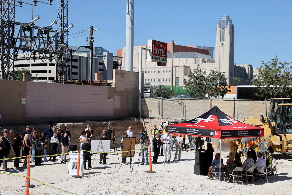 Guests gather for the groundbreaking for the new Hogs & Heifers Saloon on Main Street near ...