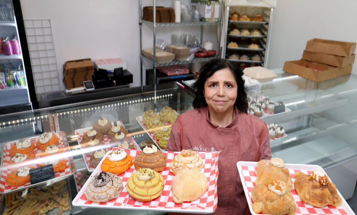 Las Vegas Bakery chef-owner Ana Hernandez shows her famous stuffed conchas at her shop inside F ...