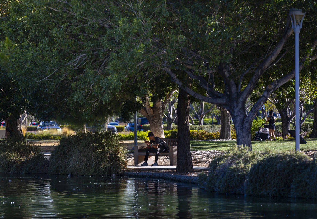 A man relaxes by a pond at Aliante Nature Discovery Park on Sunday, Sept. 20, 2026, in North La ...