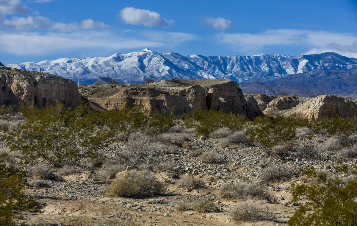 Rock formations and washes within the Tule Springs Fossil Beds National Monument adjacent to th ...