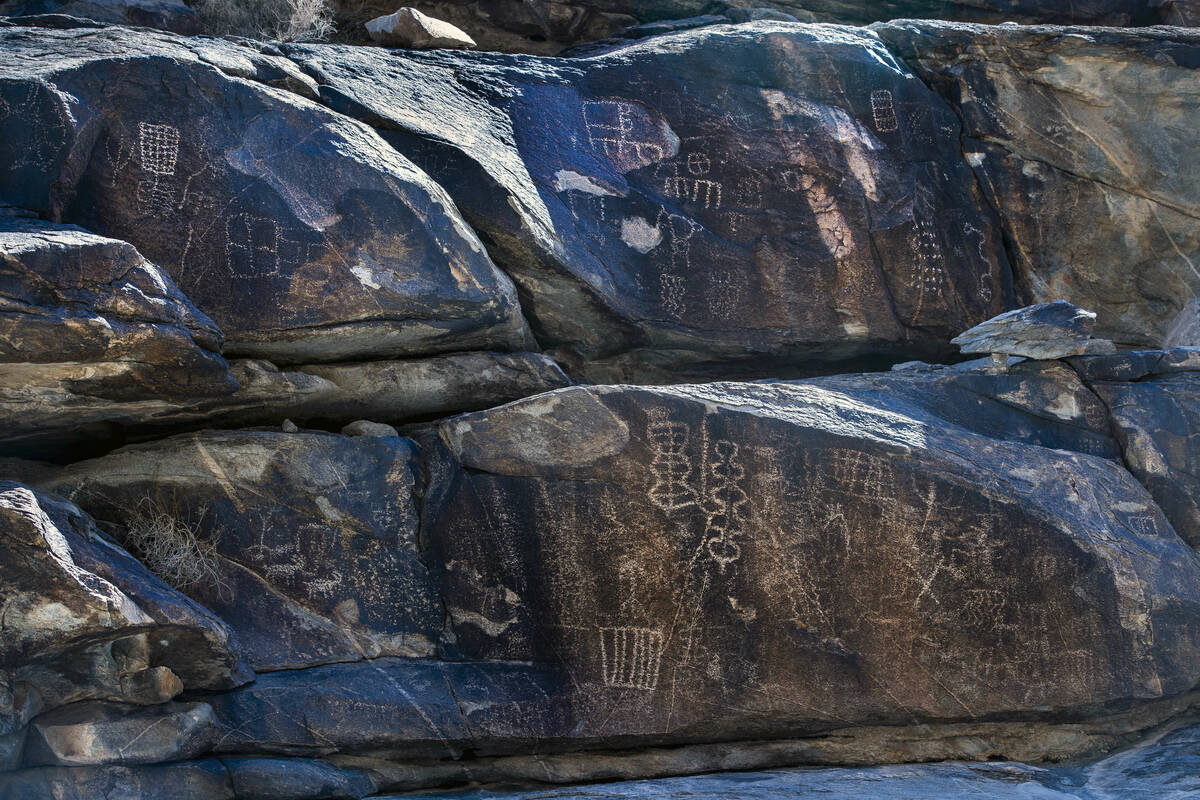 Native American petroglyphs line the rock walls along the canyon bottom in Hiko Springs within ...