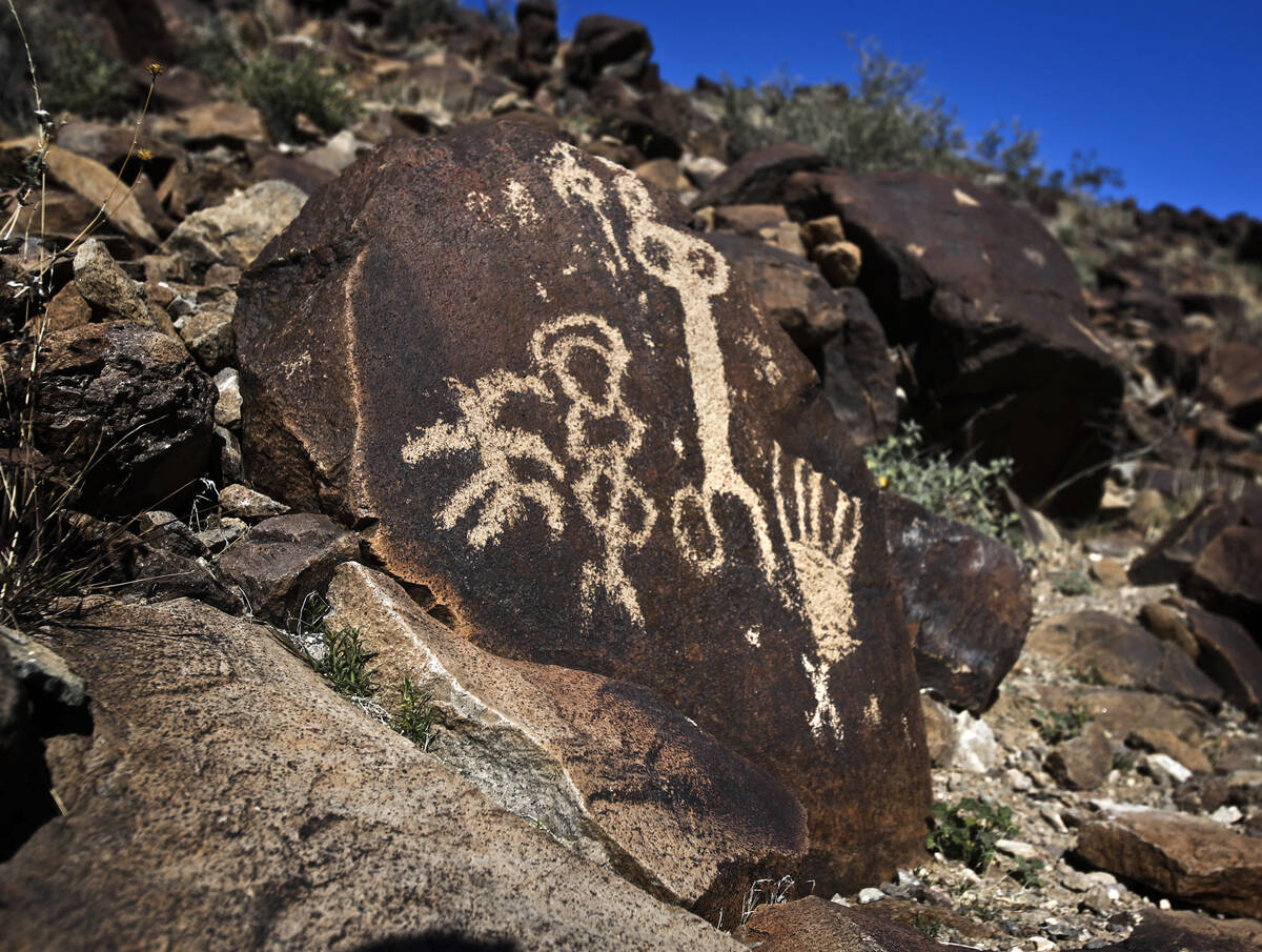 Petroglyphs as seen Friday, March 1, 2013 at Petroglyph Canyon in Sloan Canyon National Conserv ...