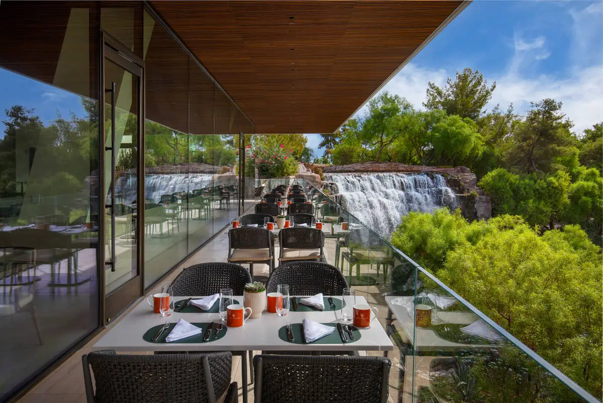 The terrace of Wynn's Cliff House Grill, the new restaurant overlooking the 18th green at Wynn ...