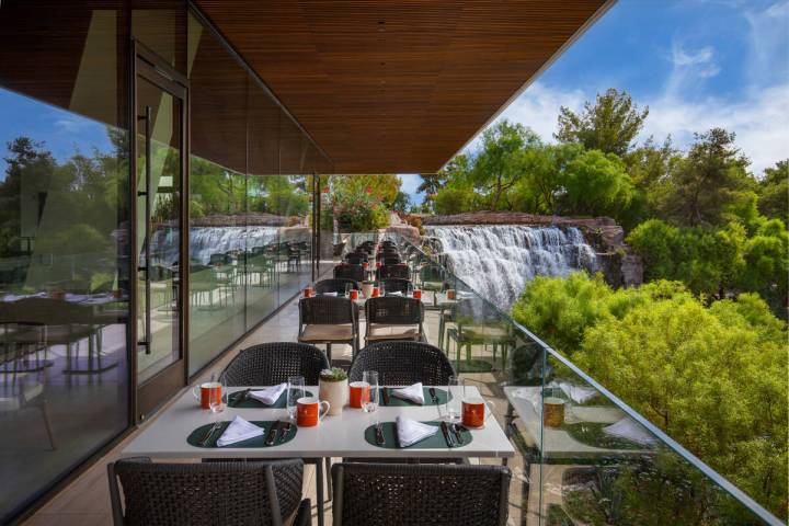 The terrace of Wynn's Cliff House Grill, the new restaurant overlooking the 18th green at Wynn ...
