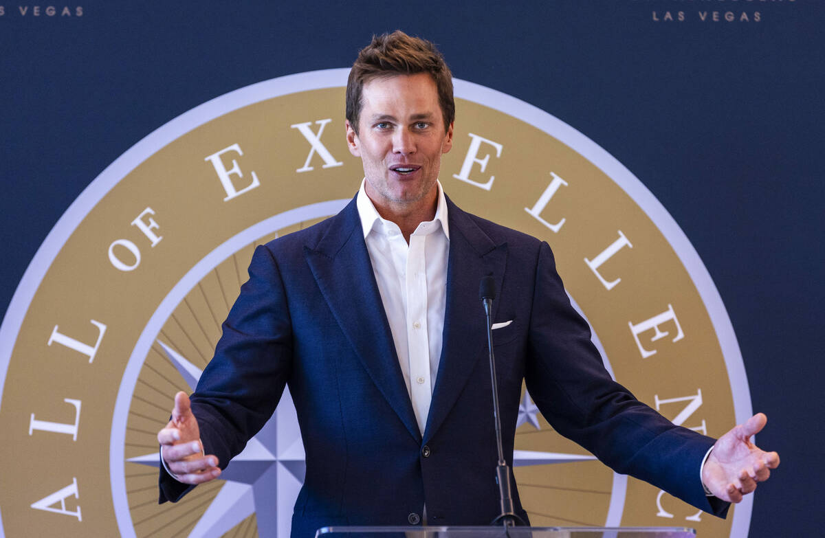 Tom Brady speaks about his new venture during the Hall of Excellence Press Conference at the Fo ...