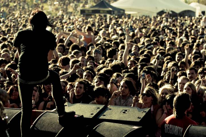Local rock band Escape the Fate performs during the Extreme Thing Sports and Music Festival at ...