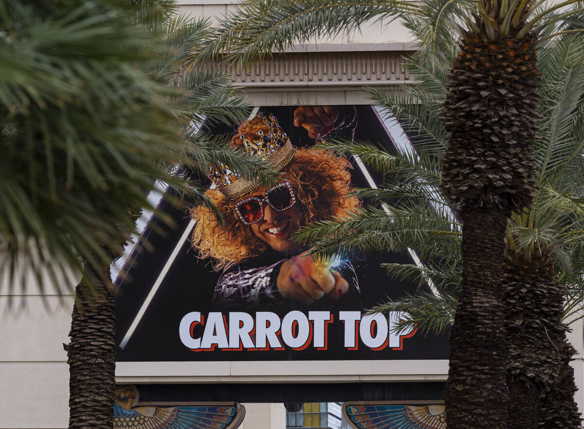 Signage for comedian Carrot Top is seen at Luxor on Monday, Sept. 21, 2026, in Las Vegas. (Chas ...